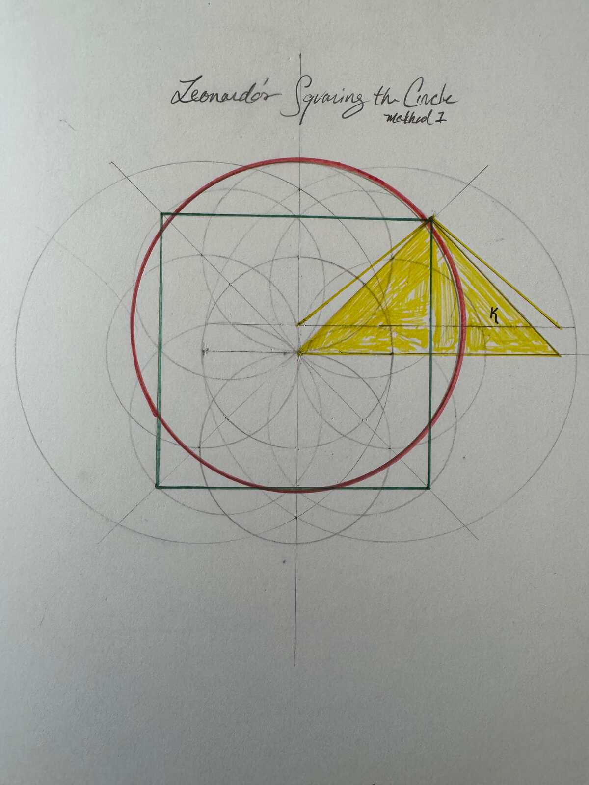 Study after Leonardo's quadrature — the rolled-out circle and rectangle in pencil