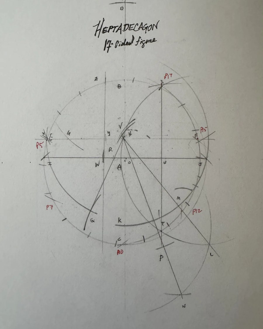 A hand-drawn heptadecagon construction sheet titled Heptadecagon, 17-sided figure, with labelled compass arcs