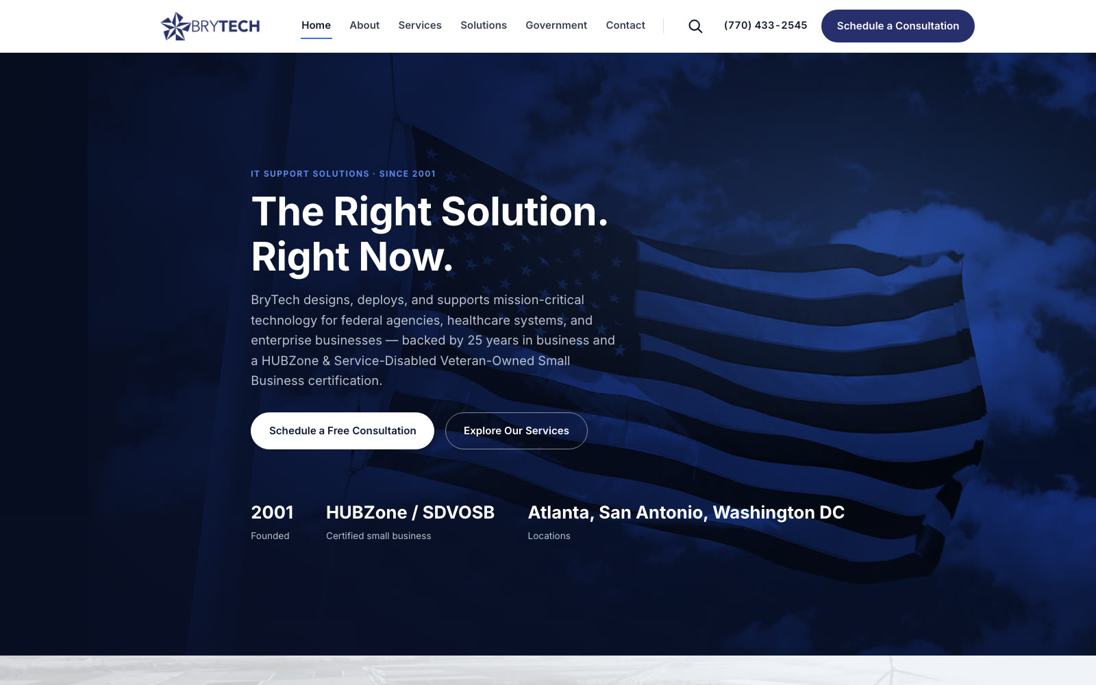 The one-day redesign — the rebuilt BryTech home page: duotone flag hero in deep royal blue with the headline The Right Solution. Right Now.