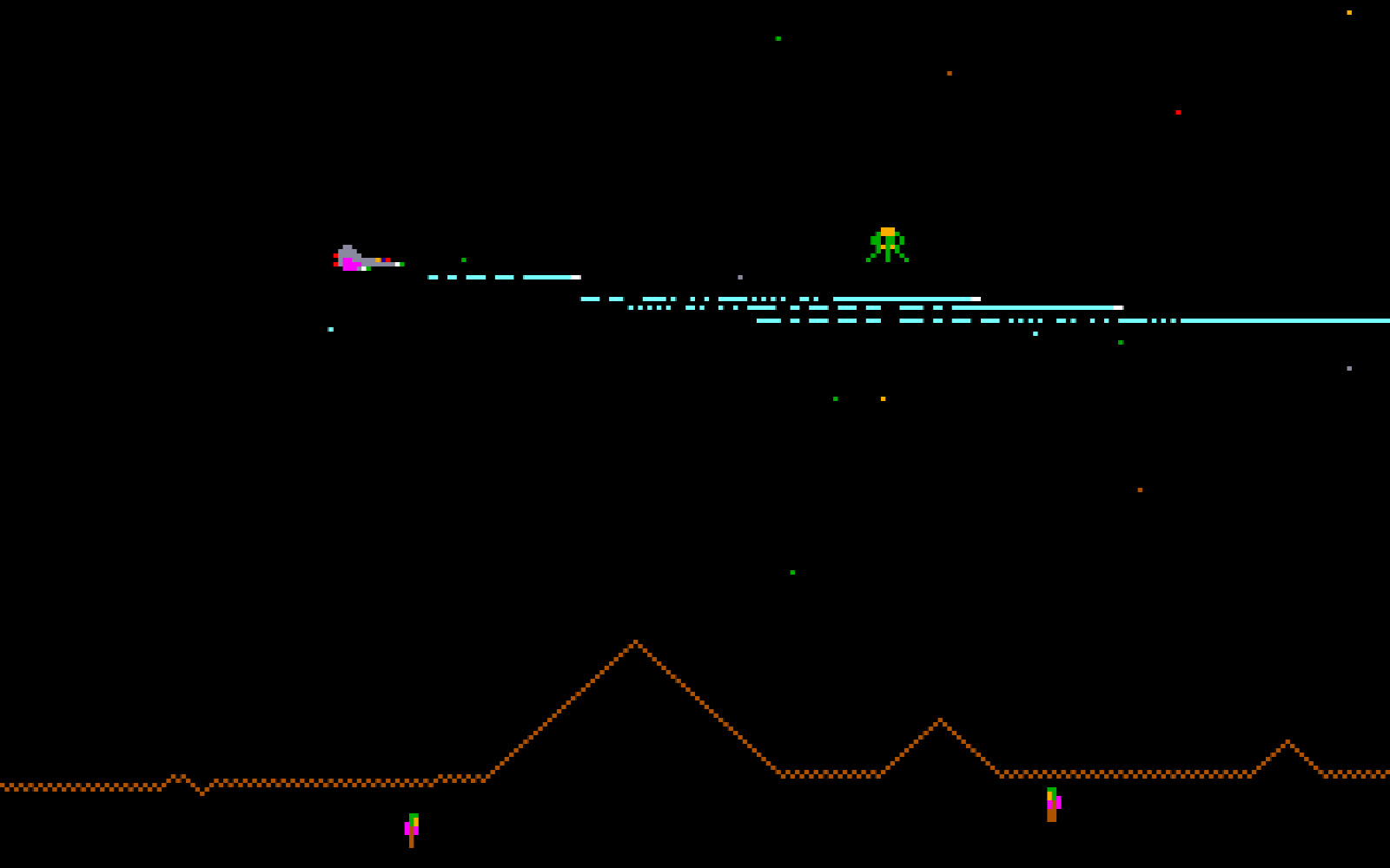Defender — the player ship, laser fire, a Lander and two humanoids above the scrolling mountain terrain, rendered from the original Red Label ROM data
