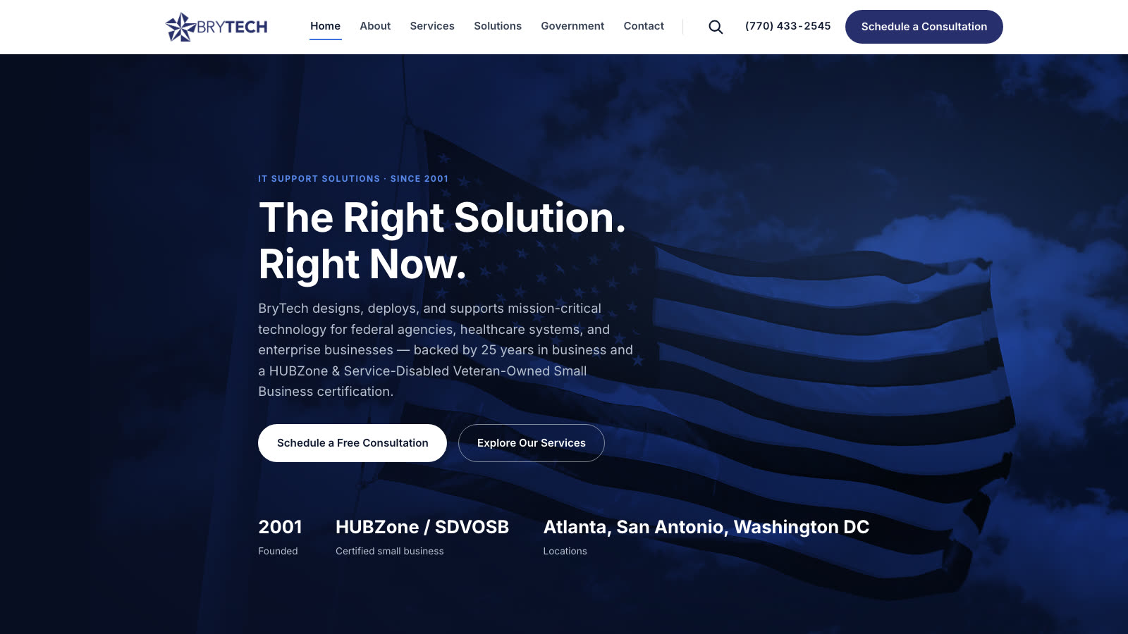 The rebuilt BryTech home page — duotone flag hero in deep royal blue with the headline The Right Solution. Right Now.