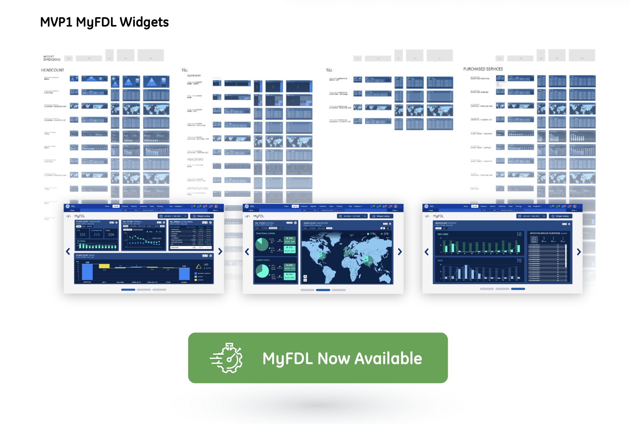 MVP1 MyFDL widget matrix — headcount, T&L, and purchased services widgets in every governed dimension, with three shipped dashboard views