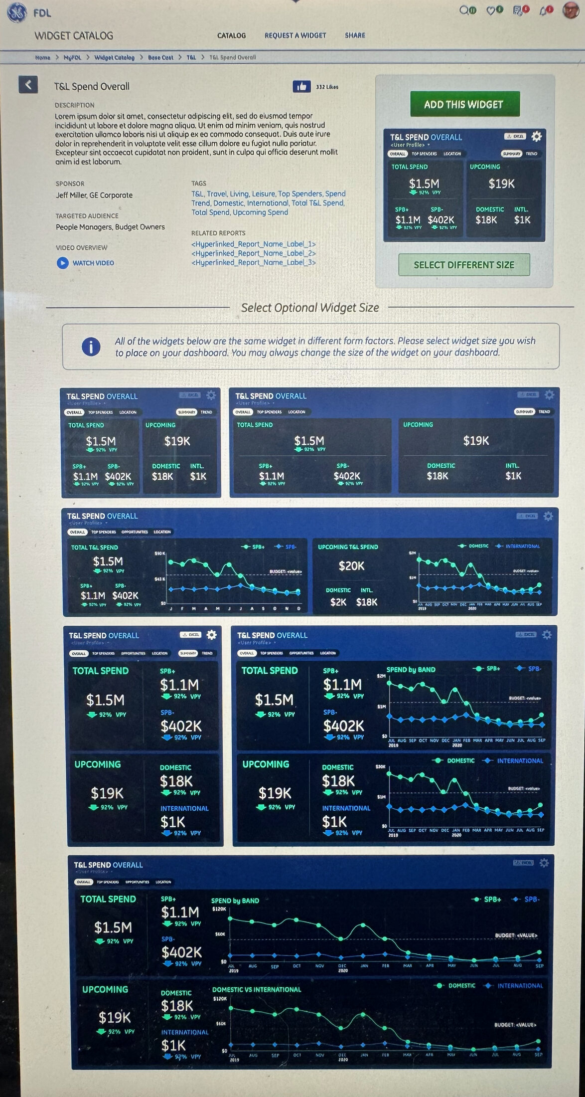 T&L Spend Overall widget catalog page showing the same widget in six governed size variants