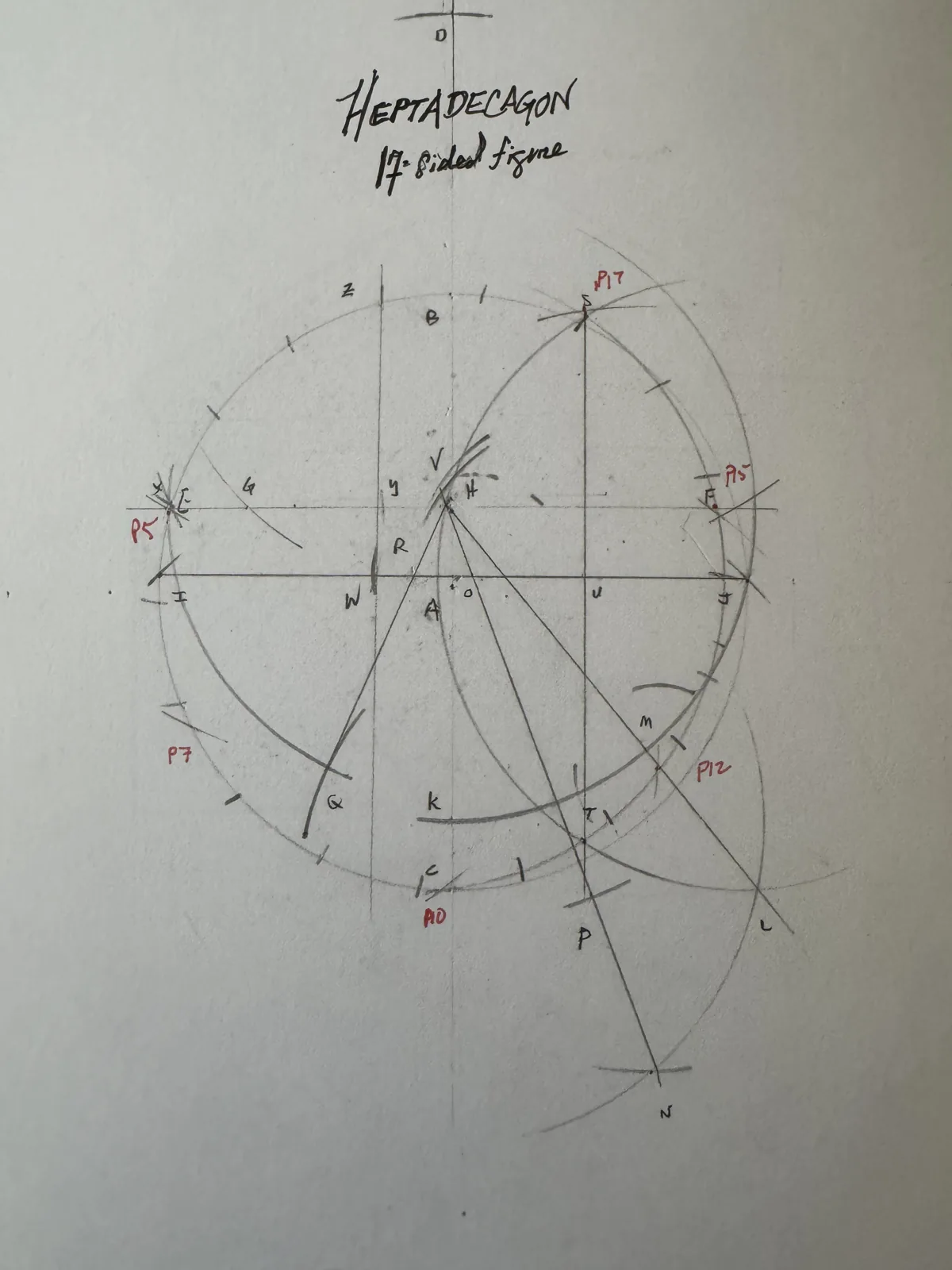 Working construction sheet with labeled points and the vertices P5, P7, P12, P17 marked in red