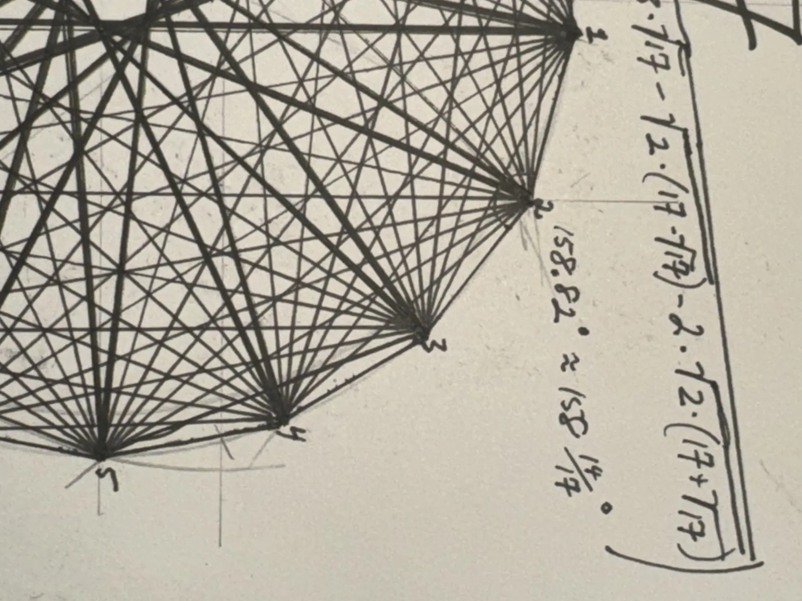 Razor-sharp close-up of the nested radical formula for cos(2π/17) and the interior angle 158 14/17 degrees