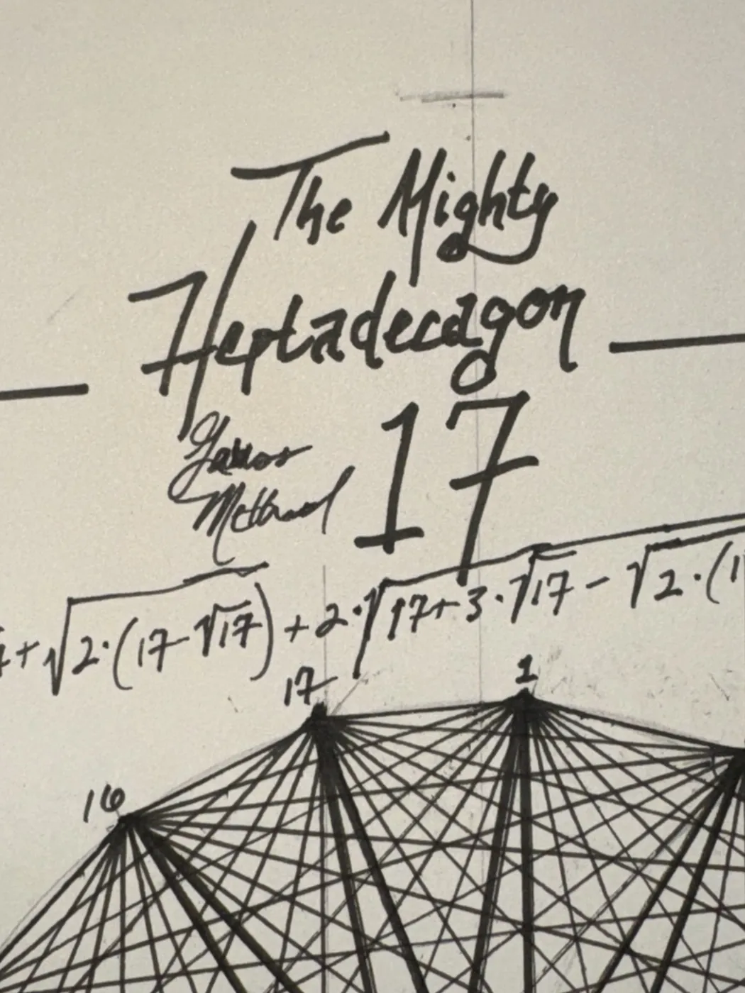 Hand-lettered title block: The Mighty Heptadecagon, Gauss Method, 17