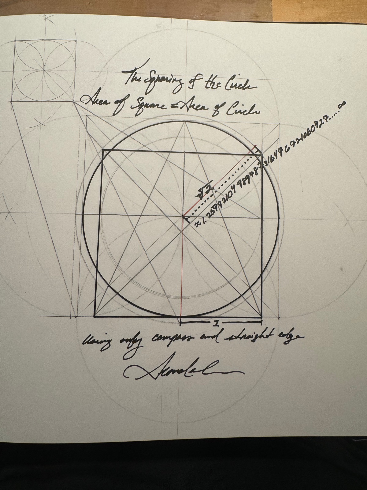 Pencil quadrature study — circle, square and pentagon scaffolding with golden-ratio segments labeled